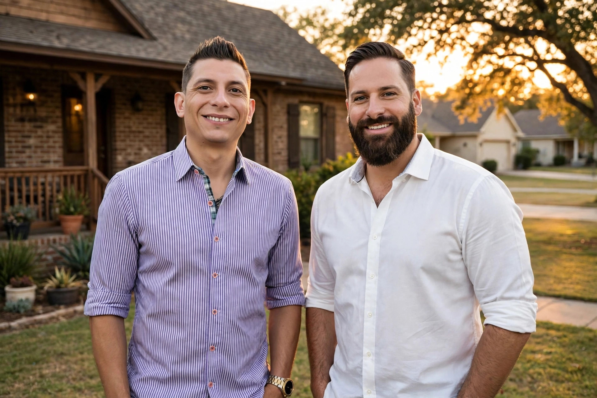 Alberto Molina and Kyle Sowell in front of a Texas home
